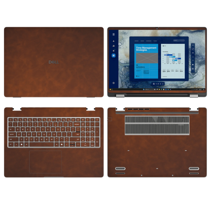 Wood Coffee scrub-textured synthetic leather Dell business laptop skin, sku abcd view. Rendered on Dell Pro 16 PC16250 as a reference; exact cut layout follows the selected model and coverage.