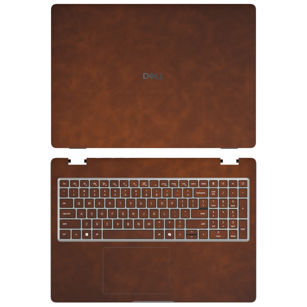 Wood Coffee scrub-textured synthetic leather Dell business laptop skin, sku ac view. Rendered on Dell Pro 16 PC16250 as a reference; exact cut layout follows the selected model and coverage.
