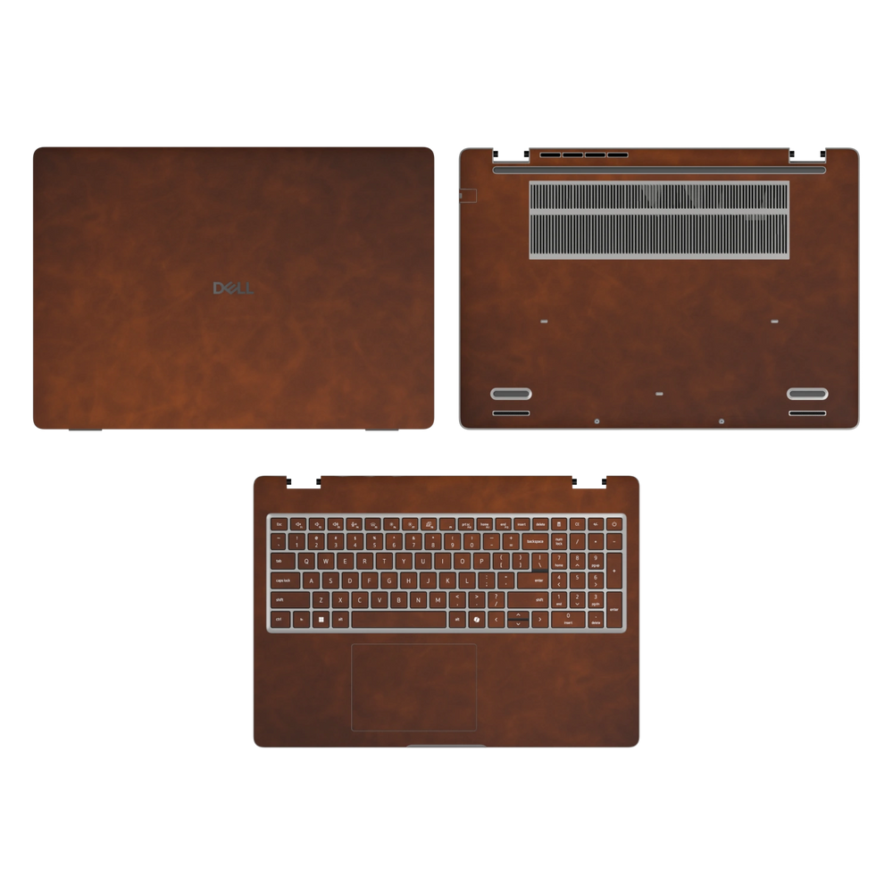 Wood Coffee scrub-textured synthetic leather Dell business laptop skin, sku acd view. Rendered on Dell Pro 16 PC16250 as a reference; exact cut layout follows the selected model and coverage.