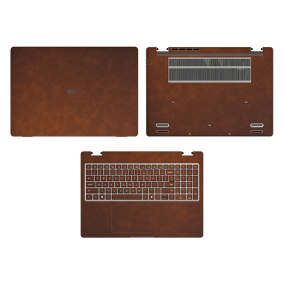 Wood Coffee scrub-textured synthetic leather Dell business laptop skin, sku acd view. Rendered on Dell Pro 16 PC16250 as a reference; exact cut layout follows the selected model and coverage.