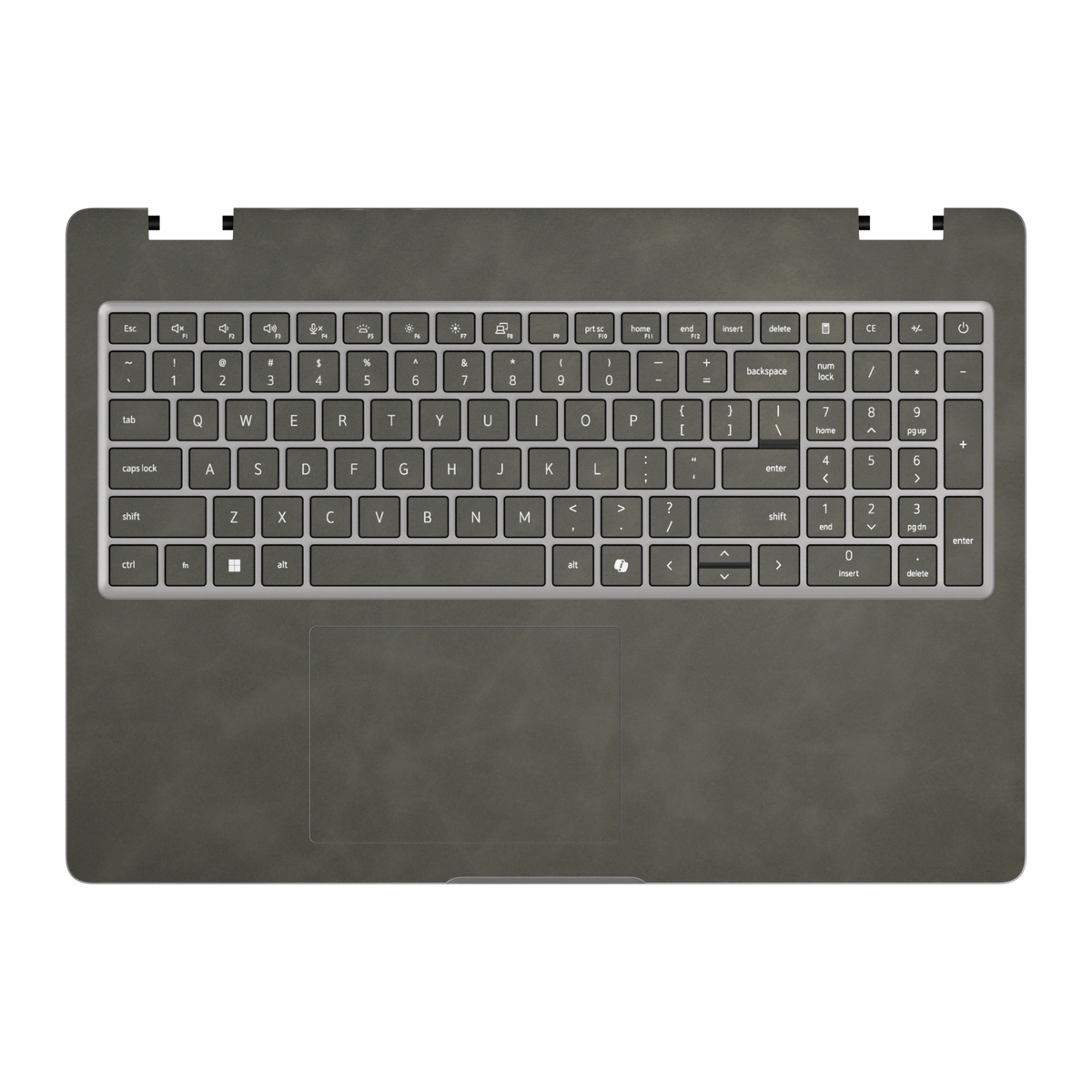 Dark Gray scrub-textured synthetic leather Dell business laptop skin, c face view. Rendered on Dell Pro 16 PC16250 as a reference; exact cut layout follows the selected model and coverage.