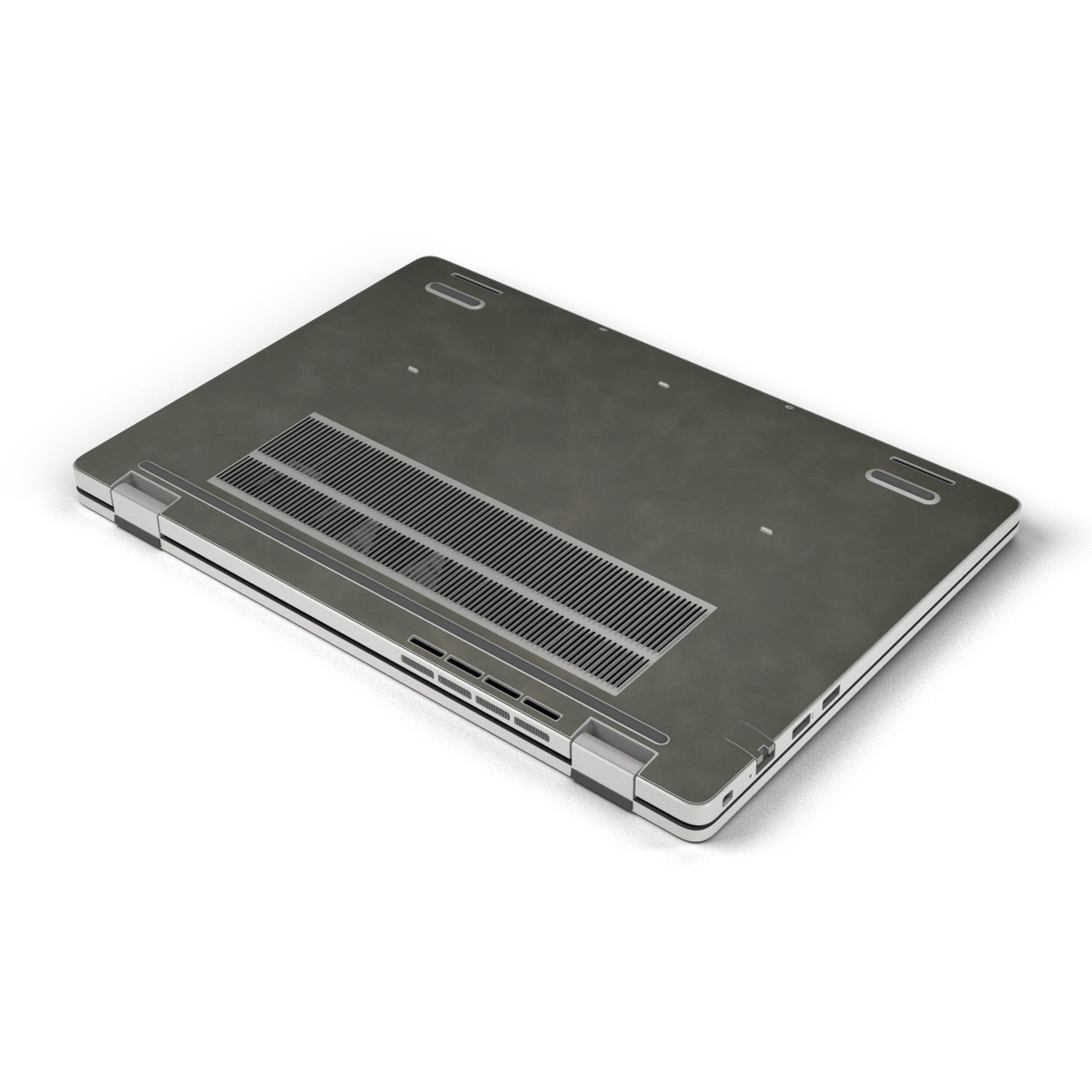 Dark Gray scrub-textured synthetic leather Dell business laptop skin, d bottom view. Rendered on Dell Pro 16 PC16250 as a reference; exact cut layout follows the selected model and coverage.