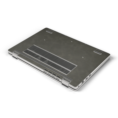 Dark Gray scrub-textured synthetic leather Dell business laptop skin, d bottom view. Rendered on Dell Pro 16 PC16250 as a reference; exact cut layout follows the selected model and coverage.