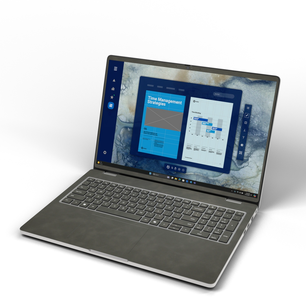 Dark Gray scrub-textured synthetic leather Dell business laptop skin, front view. Rendered on Dell Pro 16 PC16250 as a reference; exact cut layout follows the selected model and coverage.