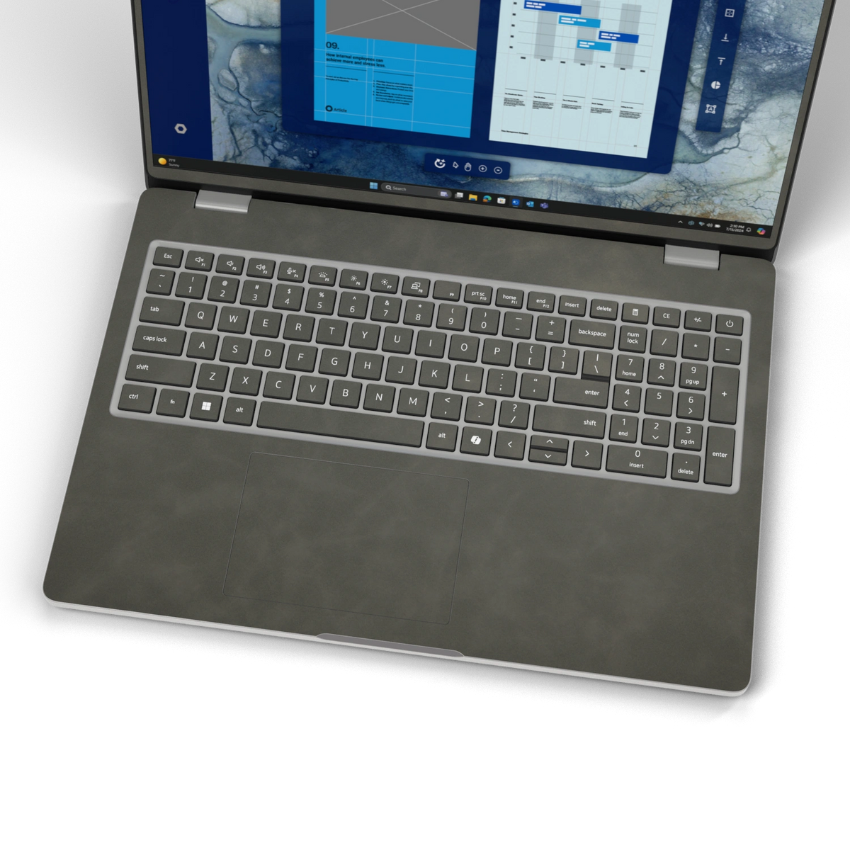 Dark Gray scrub-textured synthetic leather Dell business laptop skin, keyboard wide view. Rendered on Dell Pro 16 PC16250 as a reference; exact cut layout follows the selected model and coverage.