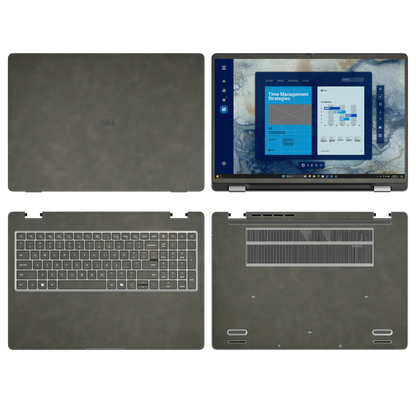 Dark Gray scrub-textured synthetic leather Dell business laptop skin, sku abcd view. Rendered on Dell Pro 16 PC16250 as a reference; exact cut layout follows the selected model and coverage.