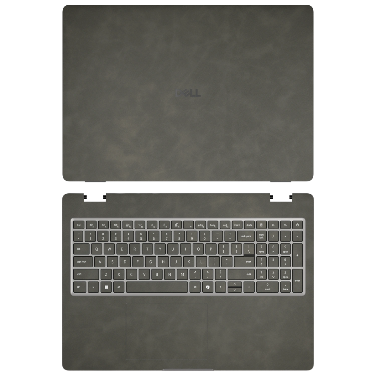 Dark Gray scrub-textured synthetic leather Dell business laptop skin, sku ac view. Rendered on Dell Pro 16 PC16250 as a reference; exact cut layout follows the selected model and coverage.