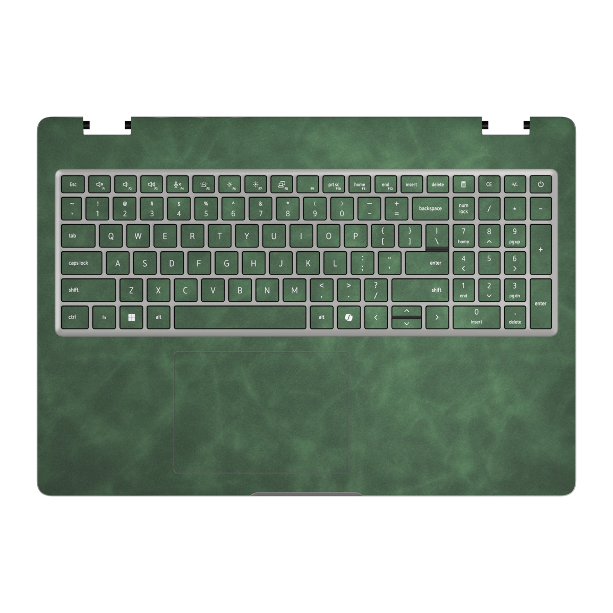Green scrub-textured synthetic leather Dell business laptop skin, c face view. Rendered on Dell Pro 16 PC16250 as a reference; exact cut layout follows the selected model and coverage.