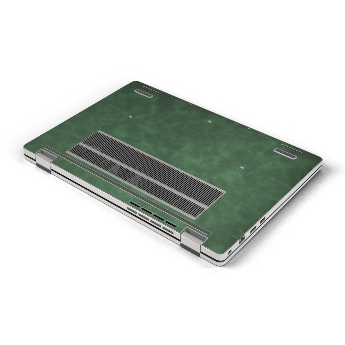 Green scrub-textured synthetic leather Dell business laptop skin, d bottom view. Rendered on Dell Pro 16 PC16250 as a reference; exact cut layout follows the selected model and coverage.