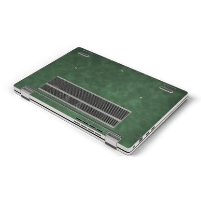 Green scrub-textured synthetic leather Dell business laptop skin, d bottom view. Rendered on Dell Pro 16 PC16250 as a reference; exact cut layout follows the selected model and coverage.