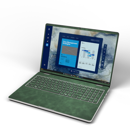 Green scrub-textured synthetic leather Dell business laptop skin, front view. Rendered on Dell Pro 16 PC16250 as a reference; exact cut layout follows the selected model and coverage.