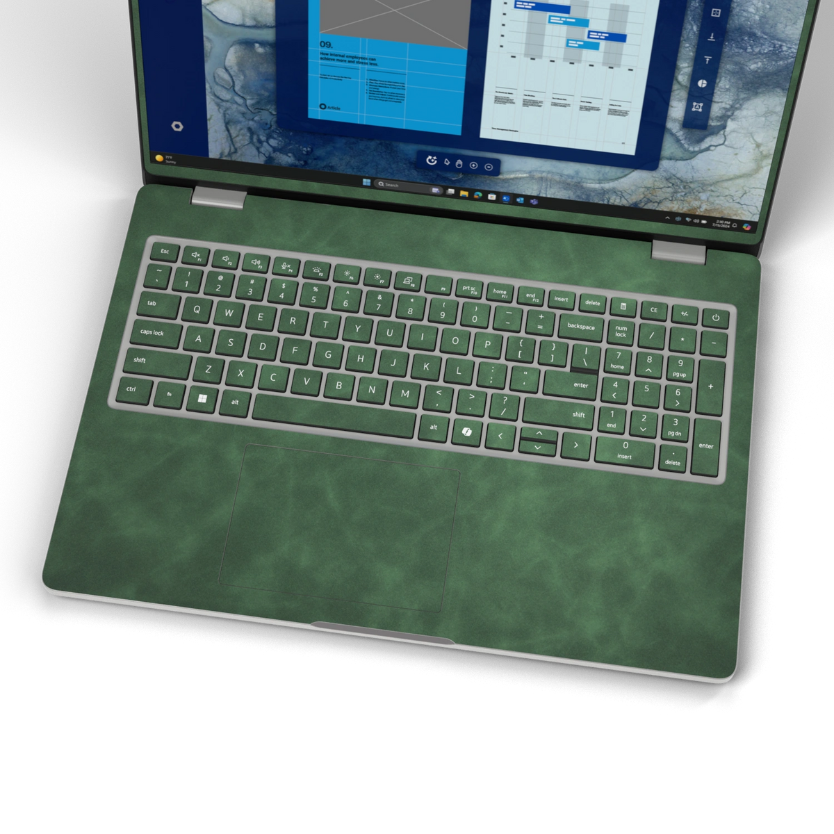 Green scrub-textured synthetic leather Dell business laptop skin, keyboard wide view. Rendered on Dell Pro 16 PC16250 as a reference; exact cut layout follows the selected model and coverage.