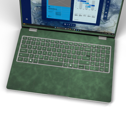 Green scrub-textured synthetic leather Dell business laptop skin, keyboard wide view. Rendered on Dell Pro 16 PC16250 as a reference; exact cut layout follows the selected model and coverage.
