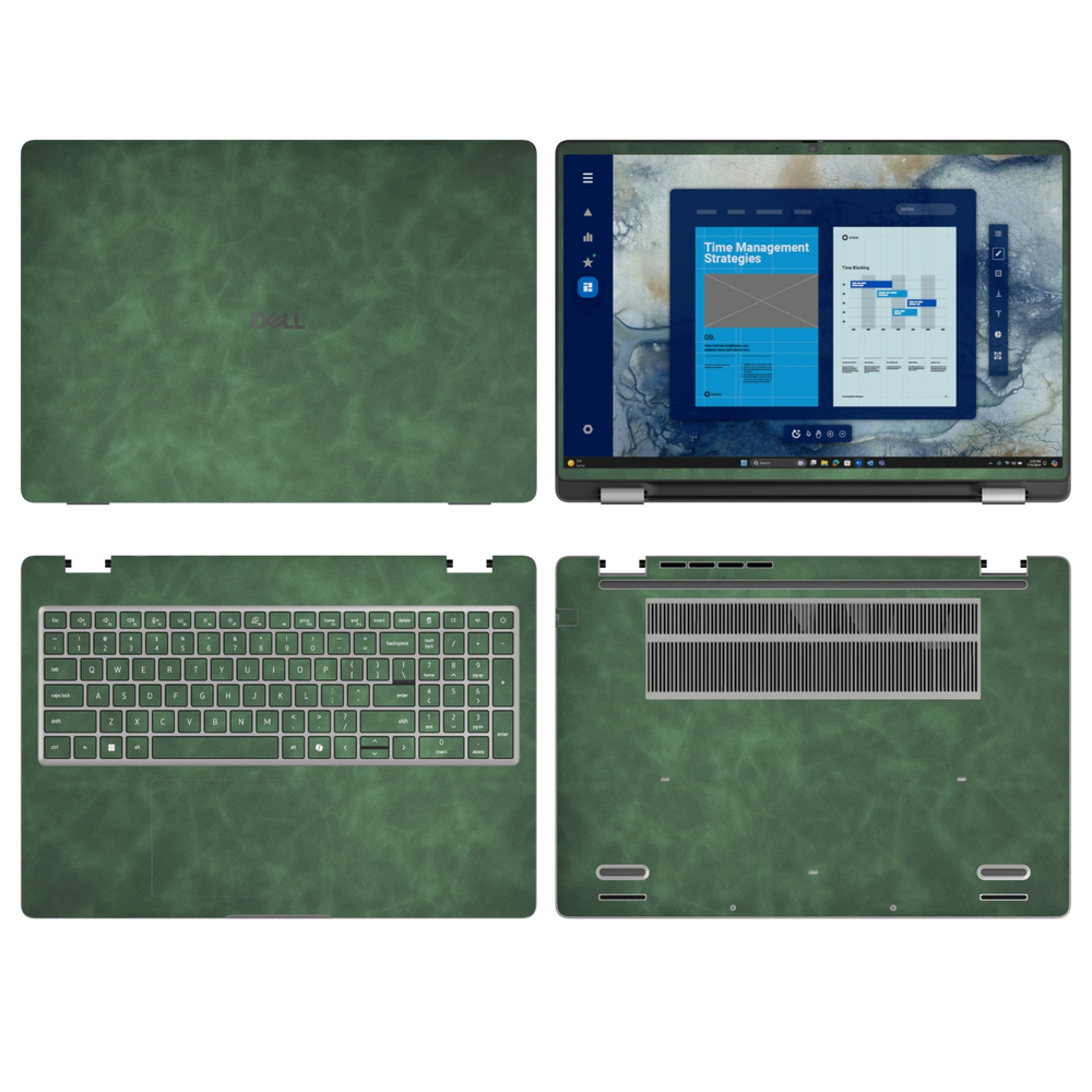 Green scrub-textured synthetic leather Dell business laptop skin, sku abcd view. Rendered on Dell Pro 16 PC16250 as a reference; exact cut layout follows the selected model and coverage.