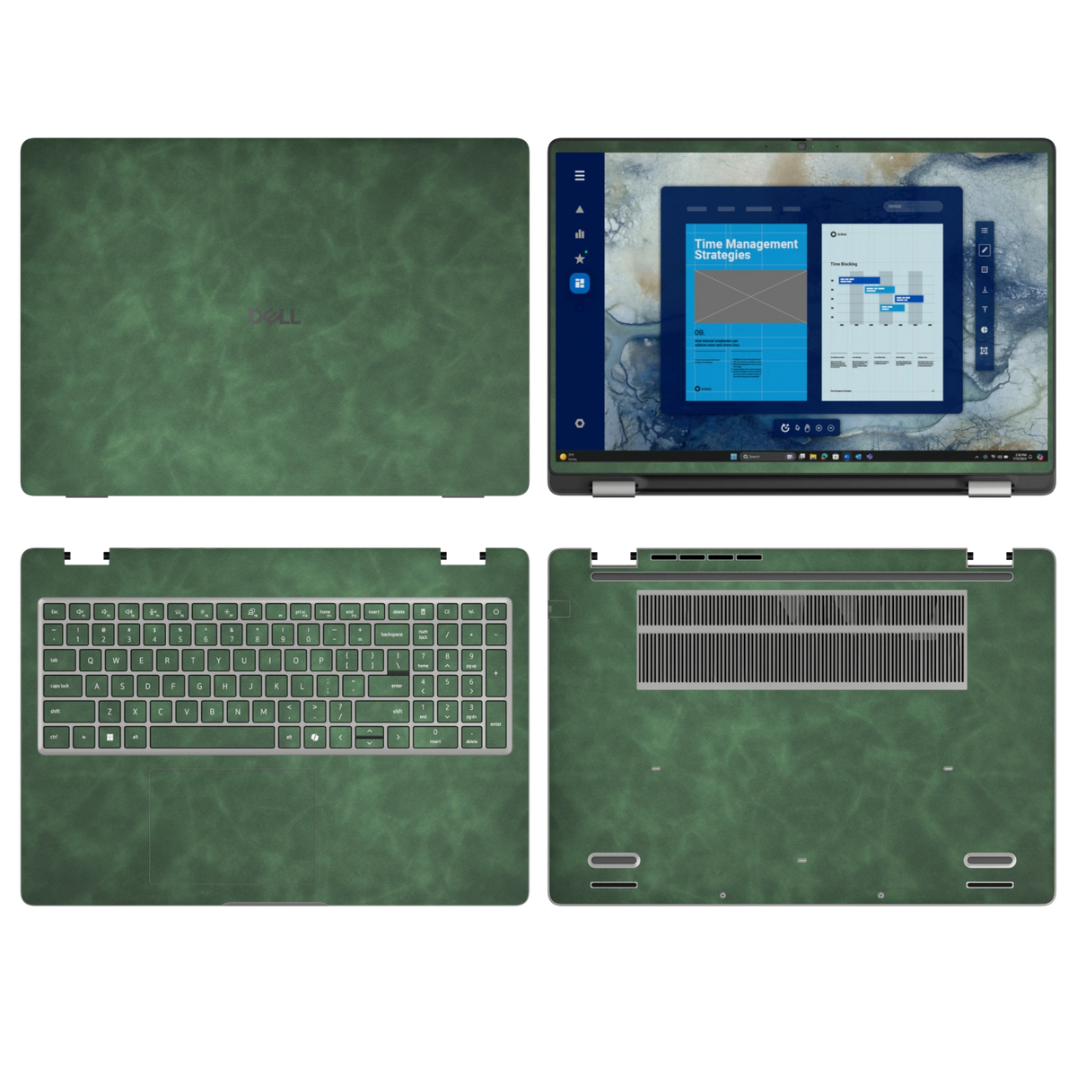Green scrub-textured synthetic leather Dell business laptop skin, sku abcd view. Rendered on Dell Pro 16 PC16250 as a reference; exact cut layout follows the selected model and coverage.