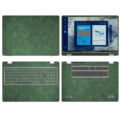 Green scrub-textured synthetic leather Dell business laptop skin, sku abcd view. Rendered on Dell Pro 16 PC16250 as a reference; exact cut layout follows the selected model and coverage.