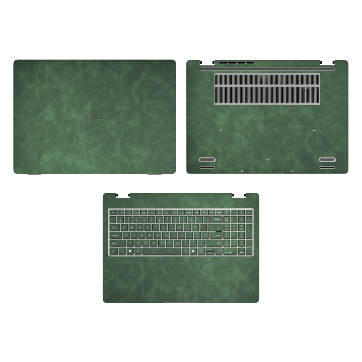 Green scrub-textured synthetic leather Dell business laptop skin, sku acd view. Rendered on Dell Pro 16 PC16250 as a reference; exact cut layout follows the selected model and coverage.
