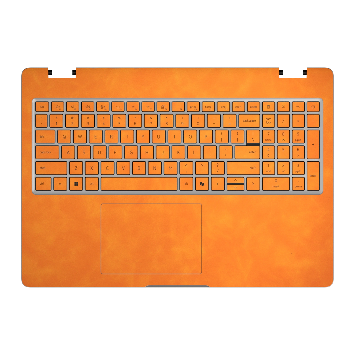 Orange scrub-textured synthetic leather Dell business laptop skin, c face view. Rendered on Dell Pro 16 PC16250 as a reference; exact cut layout follows the selected model and coverage.