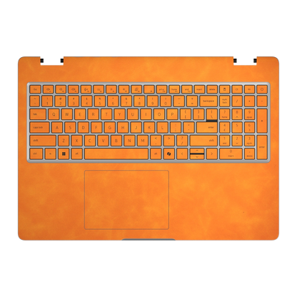 Orange scrub-textured synthetic leather Dell business laptop skin, c face view. Rendered on Dell Pro 16 PC16250 as a reference; exact cut layout follows the selected model and coverage.