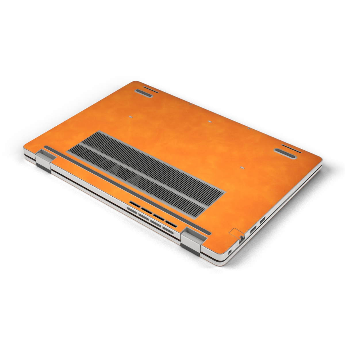 Orange scrub-textured synthetic leather Dell business laptop skin, d bottom view. Rendered on Dell Pro 16 PC16250 as a reference; exact cut layout follows the selected model and coverage.