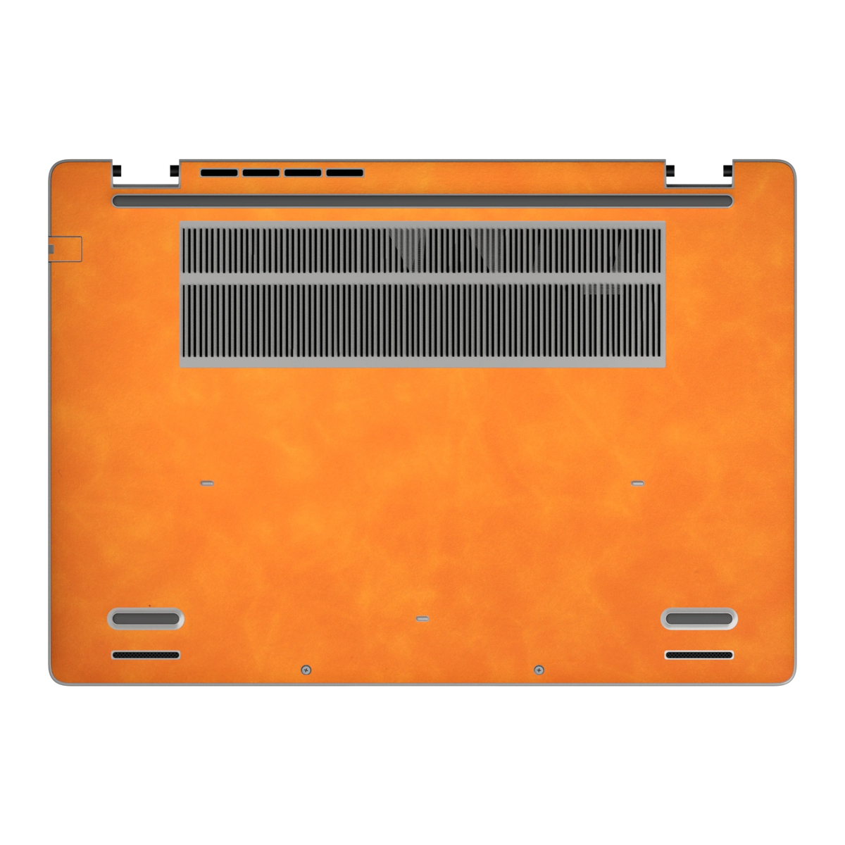 Orange scrub-textured synthetic leather Dell business laptop skin, d face view. Rendered on Dell Pro 16 PC16250 as a reference; exact cut layout follows the selected model and coverage.
