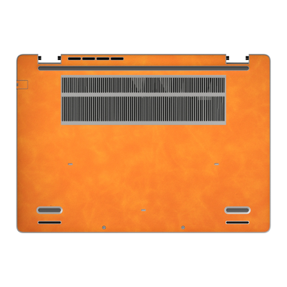 Orange scrub-textured synthetic leather Dell business laptop skin, d face view. Rendered on Dell Pro 16 PC16250 as a reference; exact cut layout follows the selected model and coverage.