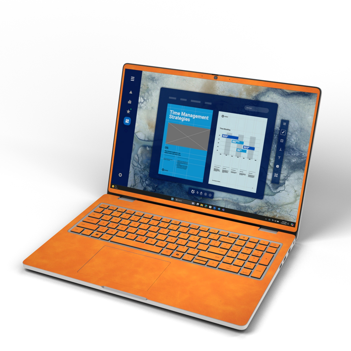 Orange scrub-textured synthetic leather Dell business laptop skin, front view. Rendered on Dell Pro 16 PC16250 as a reference; exact cut layout follows the selected model and coverage.