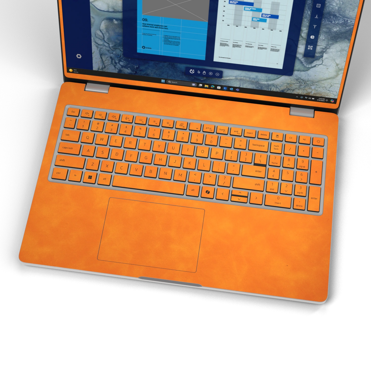 Orange scrub-textured synthetic leather Dell business laptop skin, keyboard wide view. Rendered on Dell Pro 16 PC16250 as a reference; exact cut layout follows the selected model and coverage.