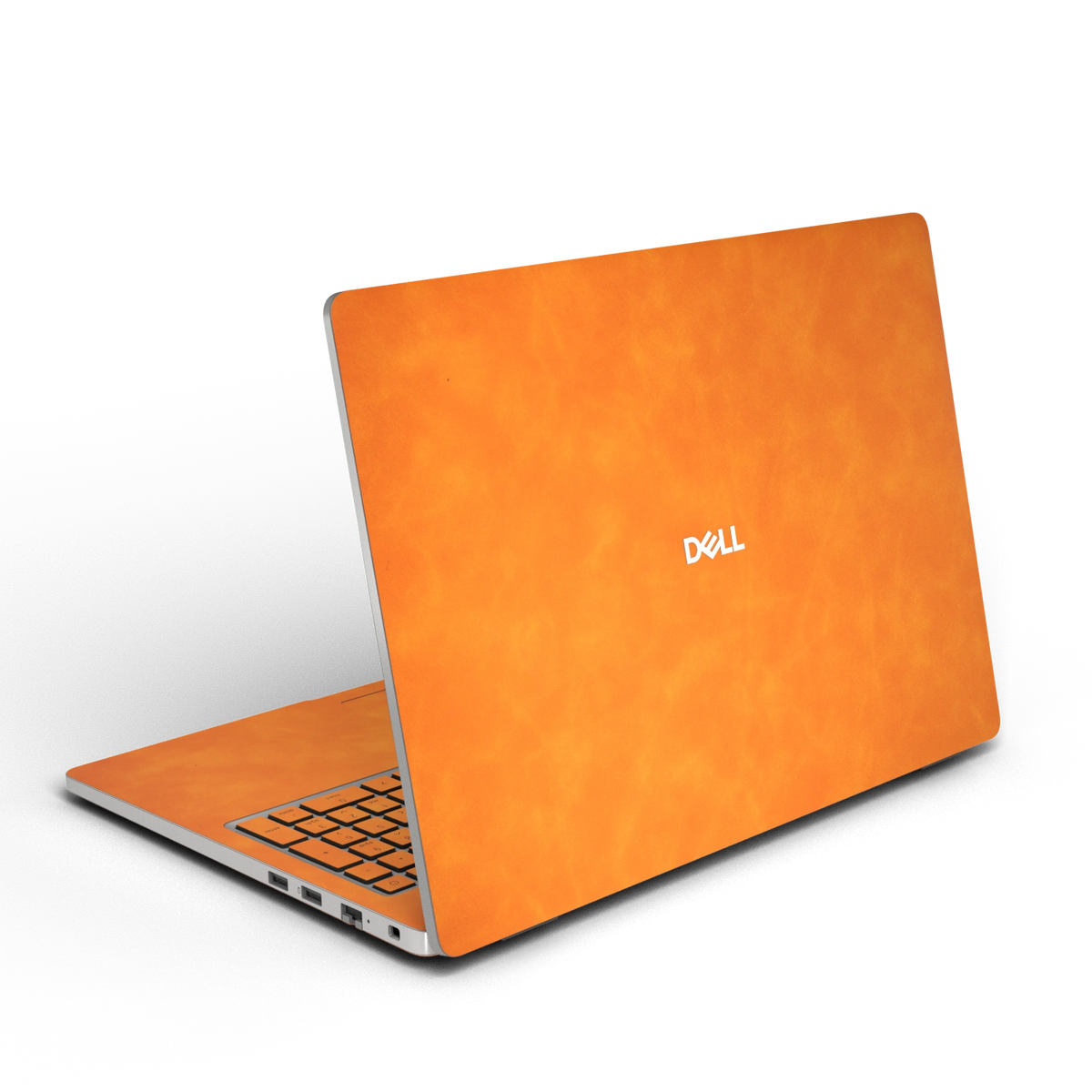 Orange scrub-textured synthetic leather Dell business laptop skin, rear view. Rendered on Dell Pro 16 PC16250 as a reference; exact cut layout follows the selected model and coverage.