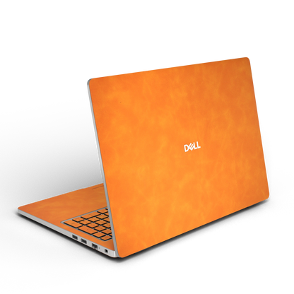Orange scrub-textured synthetic leather Dell business laptop skin, rear view. Rendered on Dell Pro 16 PC16250 as a reference; exact cut layout follows the selected model and coverage.
