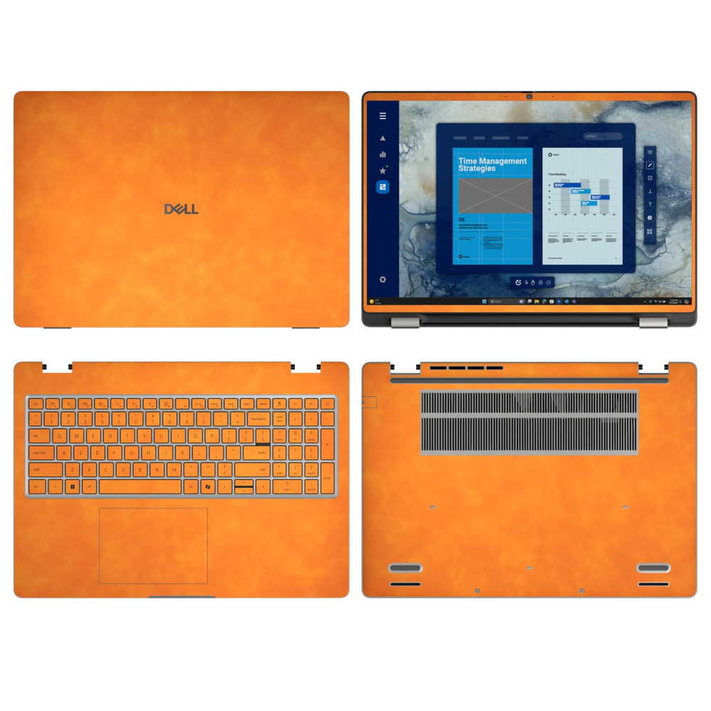 Orange scrub-textured synthetic leather Dell business laptop skin, sku abcd view. Rendered on Dell Pro 16 PC16250 as a reference; exact cut layout follows the selected model and coverage.