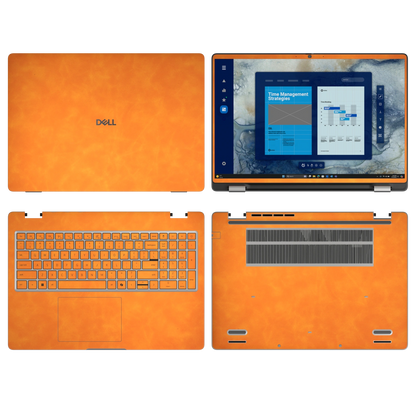 Orange scrub-textured synthetic leather Dell business laptop skin, sku abcd view. Rendered on Dell Pro 16 PC16250 as a reference; exact cut layout follows the selected model and coverage.