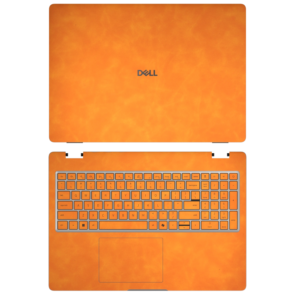Orange scrub-textured synthetic leather Dell business laptop skin, sku ac view. Rendered on Dell Pro 16 PC16250 as a reference; exact cut layout follows the selected model and coverage.