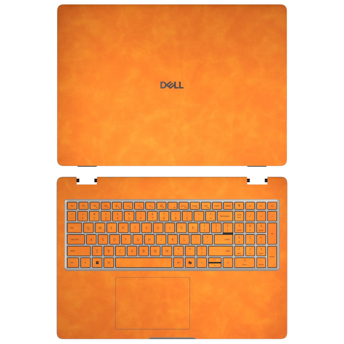 Orange scrub-textured synthetic leather Dell business laptop skin, sku ac view. Rendered on Dell Pro 16 PC16250 as a reference; exact cut layout follows the selected model and coverage.