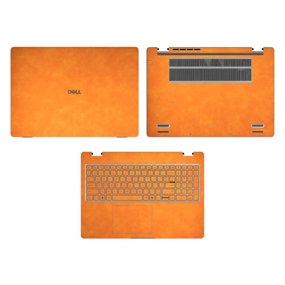Orange scrub-textured synthetic leather Dell business laptop skin, sku acd view. Rendered on Dell Pro 16 PC16250 as a reference; exact cut layout follows the selected model and coverage.