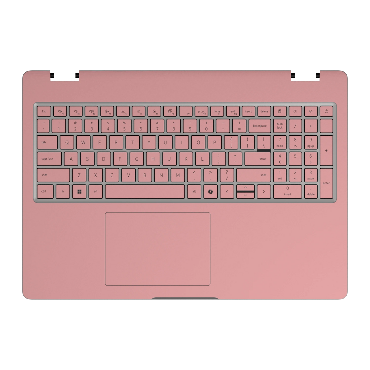 Keyboard deck and palm rest view of Blush Pink Hibiscus synthetic leather skin, rendered on Dell Pro 16 (PC16250) as a model reference.