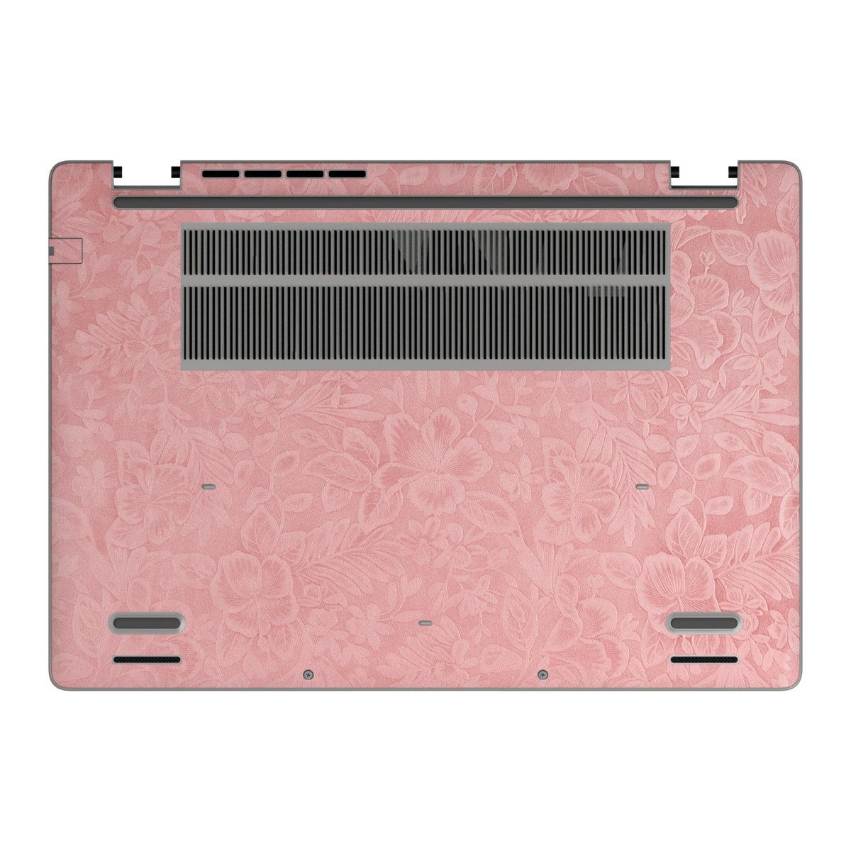 Bottom view of Blush Pink Hibiscus synthetic leather skin, rendered on Dell Pro 16 (PC16250) as a model reference.