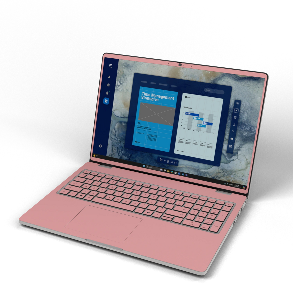 Front three-quarter view of Blush Pink Hibiscus synthetic leather skin, rendered on Dell Pro 16 (PC16250) as a model reference.