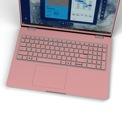 Keyboard deck detail of Blush Pink Hibiscus synthetic leather skin, rendered on Dell Pro 16 (PC16250) as a model reference.