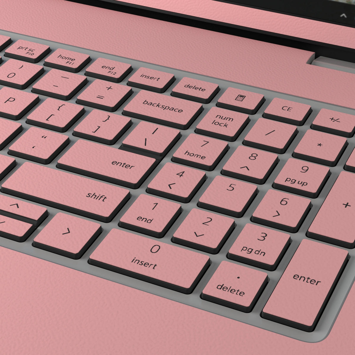 Keycap and leather-texture close-up of Blush Pink Hibiscus synthetic leather skin, rendered on Dell Pro 16 (PC16250) as a model reference.