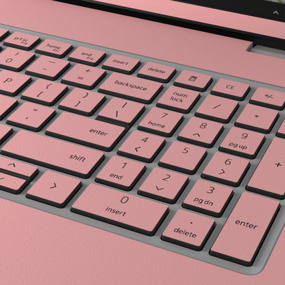 Keycap and leather-texture close-up of Blush Pink Hibiscus synthetic leather skin, rendered on Dell Pro 16 (PC16250) as a model reference.