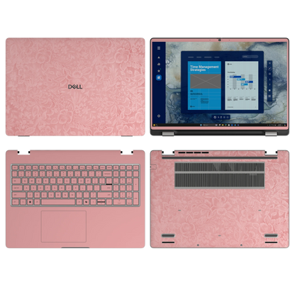 Blush Pink Hibiscus synthetic leather skin a+b+c+d coverage layout: top lid, screen bezel, inside and bottom, rendered for Dell Pro 16 (PC16250); exact pieces follow the selected coverage.