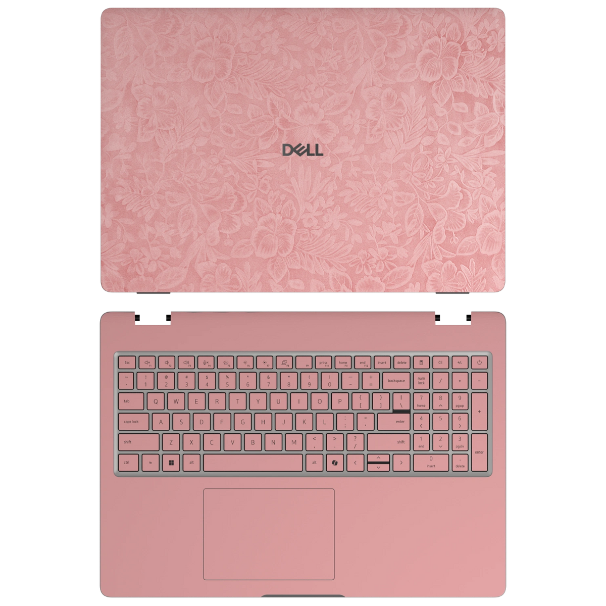 Blush Pink Hibiscus synthetic leather skin a+c coverage layout: top lid and inside, rendered for Dell Pro 16 (PC16250); exact pieces follow the selected coverage.
