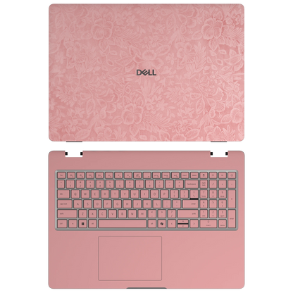 Blush Pink Hibiscus synthetic leather skin a+c coverage layout: top lid and inside, rendered for Dell Pro 16 (PC16250); exact pieces follow the selected coverage.