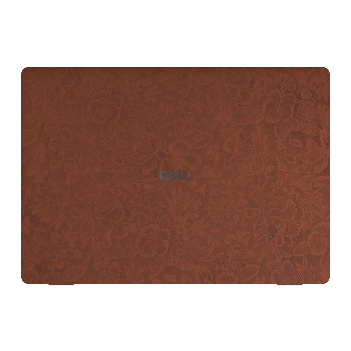 Top lid view of Classic Brown Hibiscus synthetic leather skin, rendered on Dell Pro 16 (PC16250) as a model reference.
