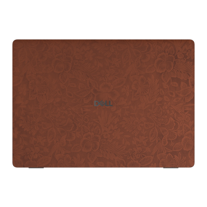Top lid view of Classic Brown Hibiscus synthetic leather skin, rendered on Dell Pro 16 (PC16250) as a model reference.