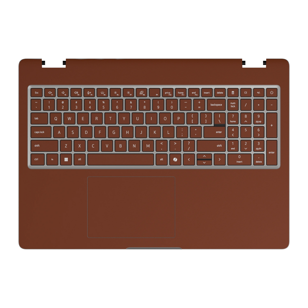 Keyboard deck and palm rest view of Classic Brown Hibiscus synthetic leather skin, rendered on Dell Pro 16 (PC16250) as a model reference.