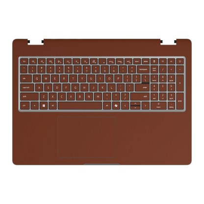 Keyboard deck and palm rest view of Classic Brown Hibiscus synthetic leather skin, rendered on Dell Pro 16 (PC16250) as a model reference.