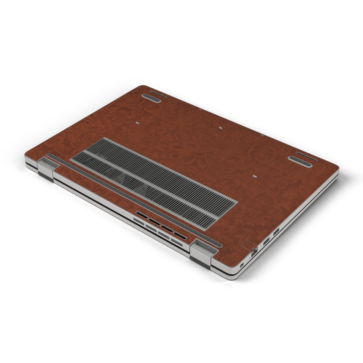 Oblique bottom view of Classic Brown Hibiscus synthetic leather skin, rendered on Dell Pro 16 (PC16250) as a model reference.