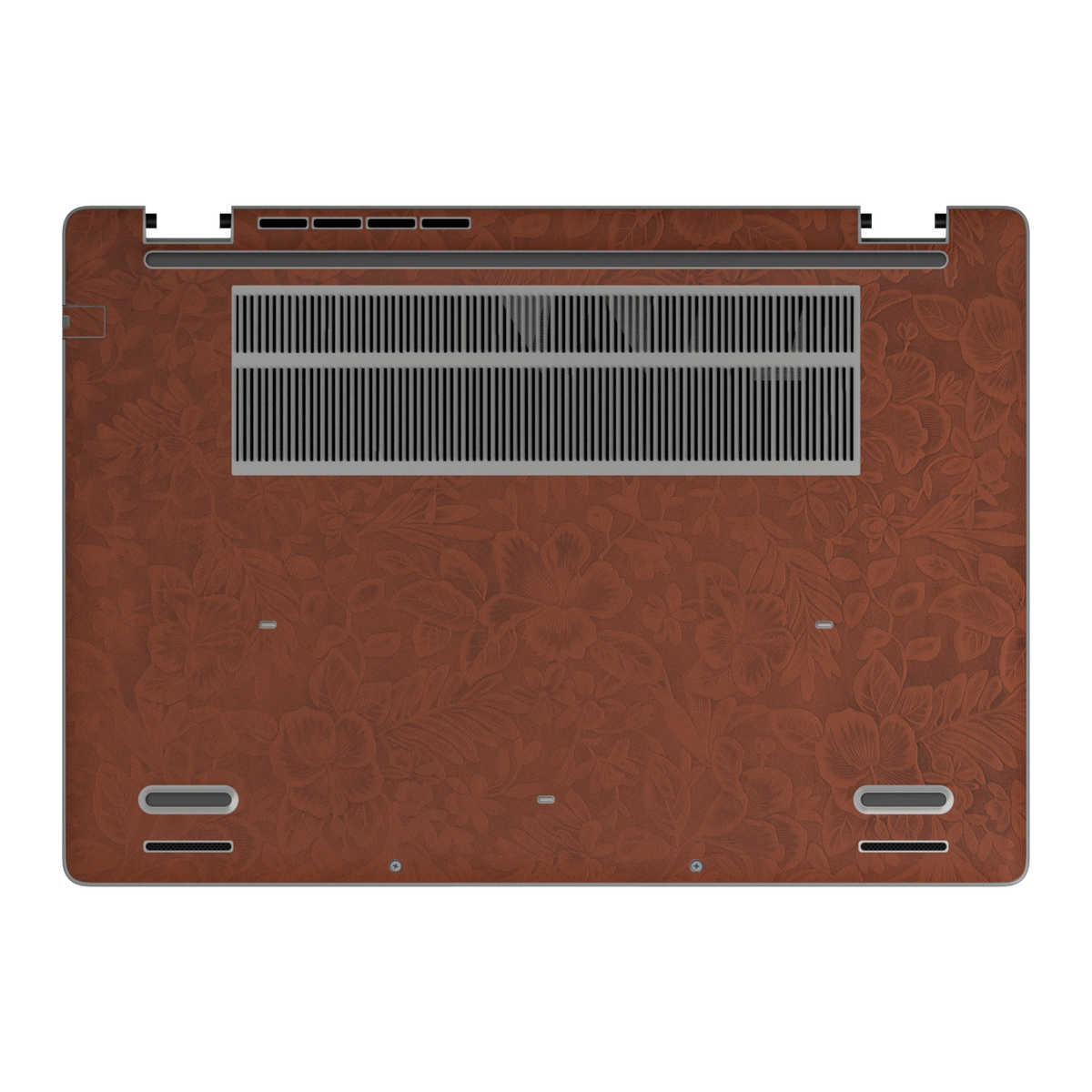Bottom view of Classic Brown Hibiscus synthetic leather skin, rendered on Dell Pro 16 (PC16250) as a model reference.